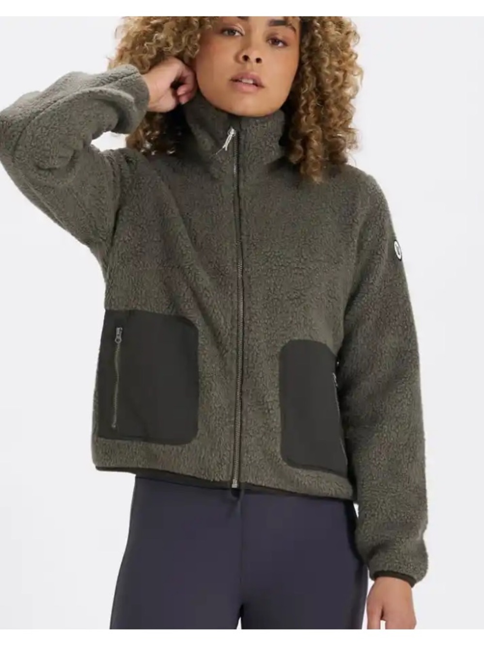 Vuori Olive Green Sherpa Zip Hoodie with Contrasting Pocket Trim